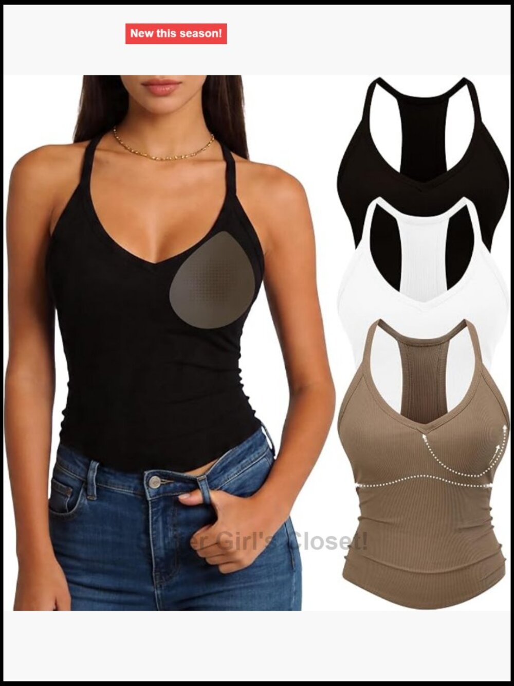 Ribbed Racerback Tank Tops with Built in Bras 3 Pack V-Neck Sleeveless